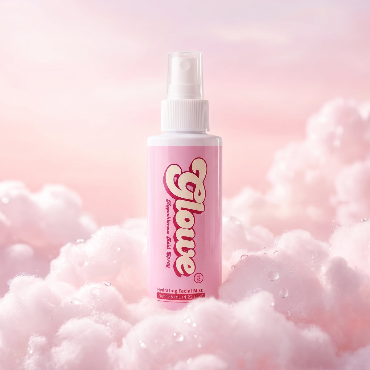 Glowe Hypochlorous Acid Spray 125 mL bottle nestled in pink clouds