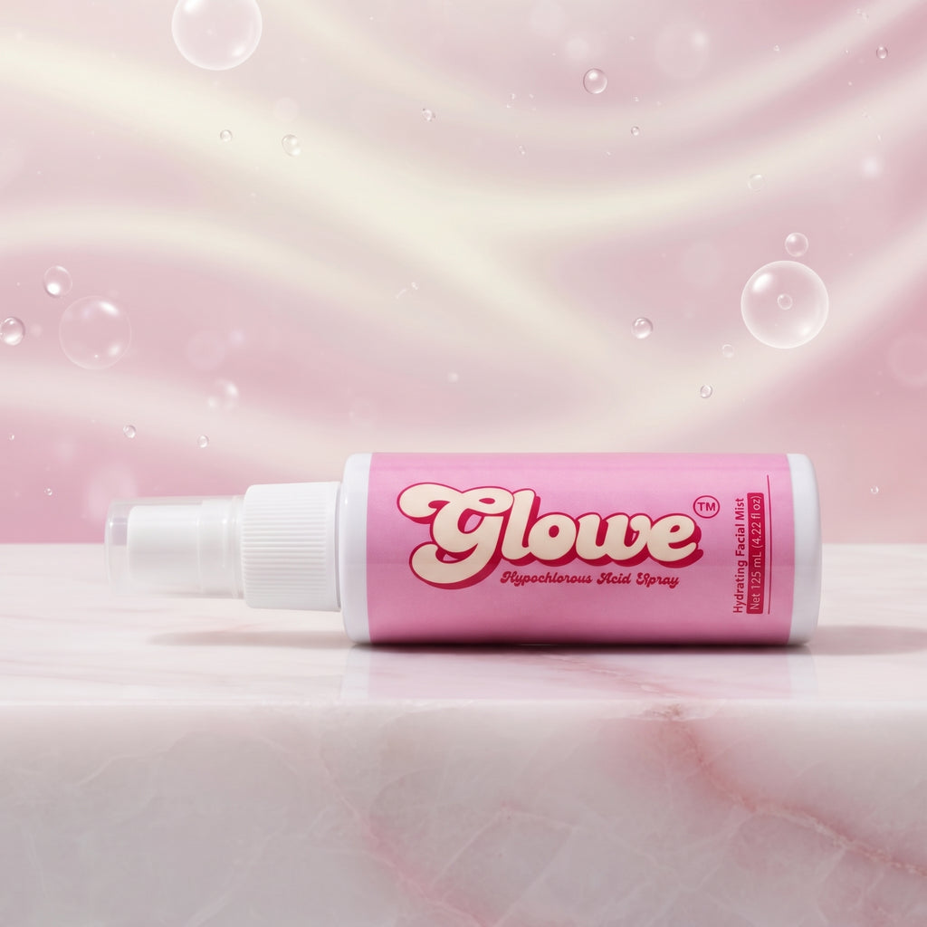 Glowe Hydrating Facial Mist 125 mL bottle lying on pink marble with bubbles